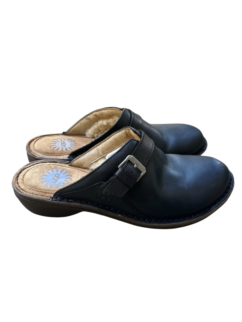 UGG Livia Black Leather Shearling Lined Buckle Clogs Mules Size 7